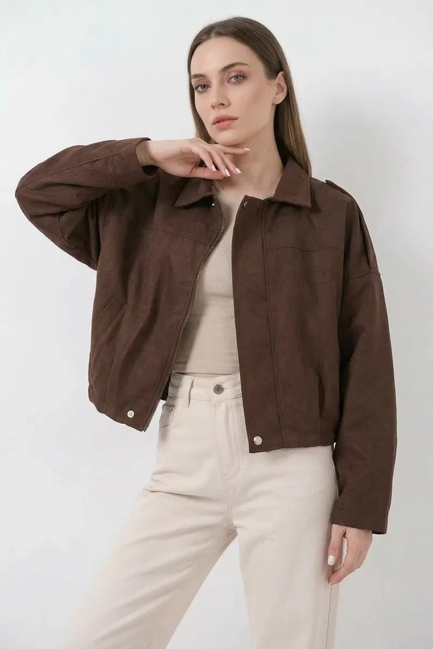 Kadın Klasik Yaka Oversize Kahverengi Ceket