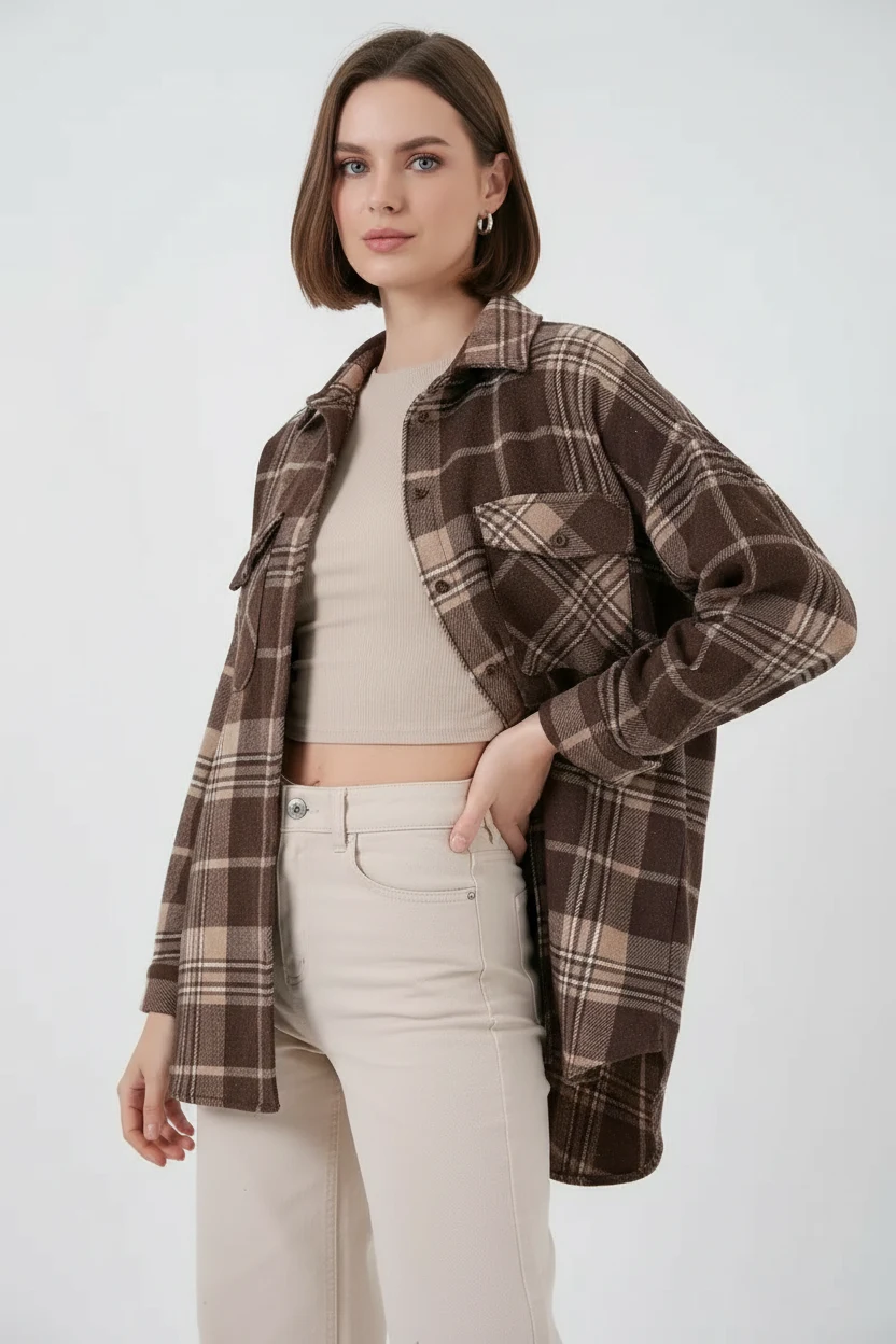 Kadın Oversize Ekose Desenli Pamuklu Kahverengi Gömlek