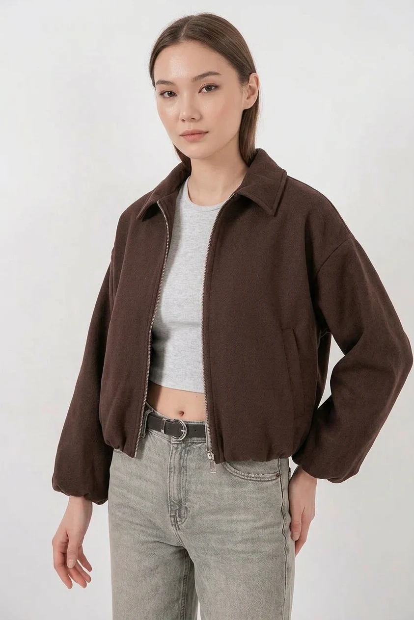 Kadın Gömlek Yaka Büzgülü Oversize Pamuklu Kahverengi Ceket