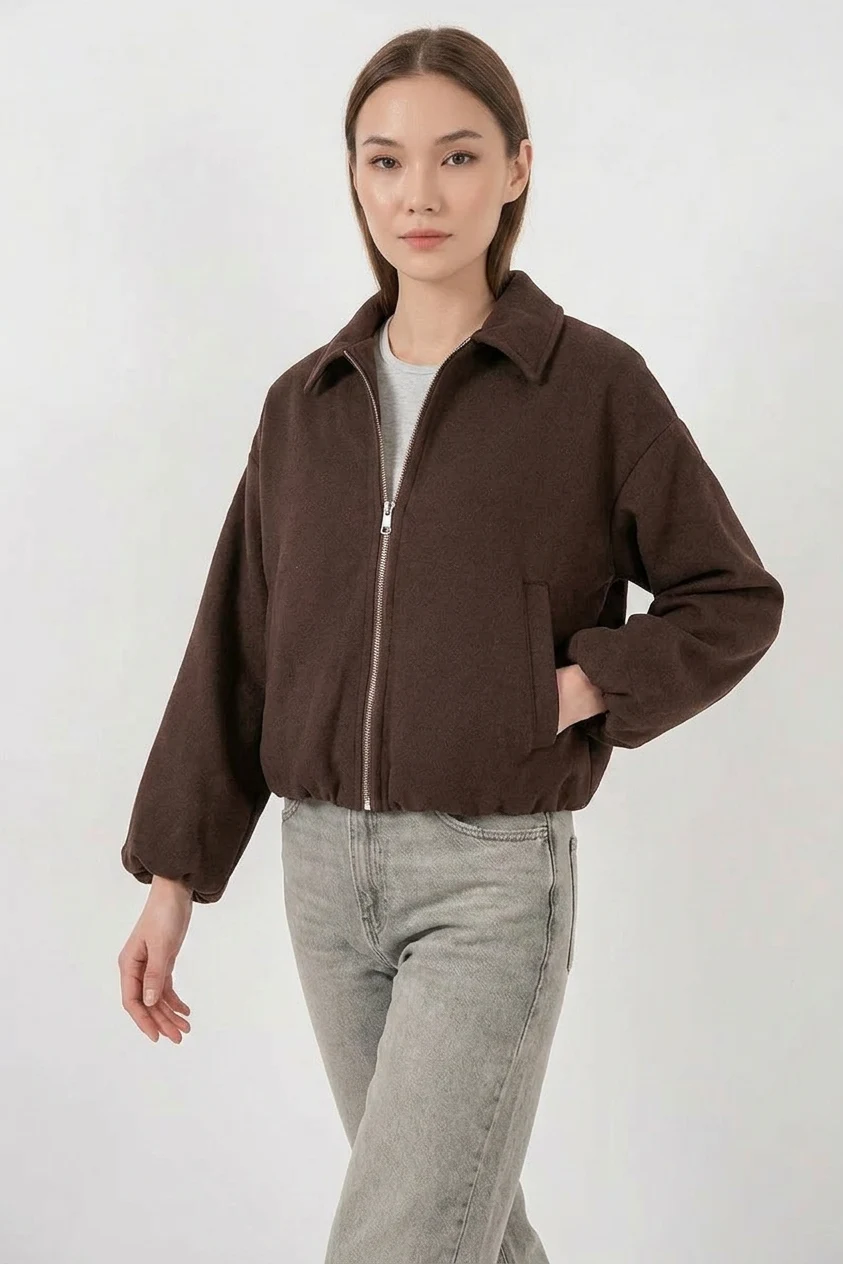 Kadın Gömlek Yaka Büzgülü Oversize Pamuklu Kahverengi Ceket