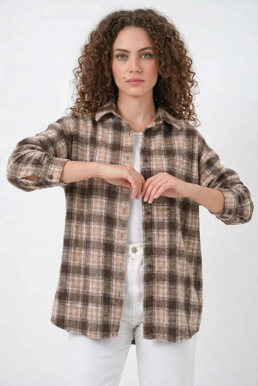 Kadın Oversize Ekose Desenli Pamuklu Kahverengi Gömlek