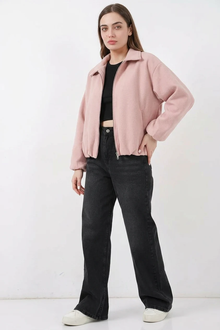 Kadın Gömlek Yaka Büzgülü Oversize Pamuklu Pudra Ceket