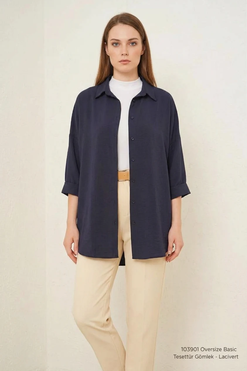 Kadın Oversize Kesim Basic Pamuklu Lacivert Tesettür Gömlek