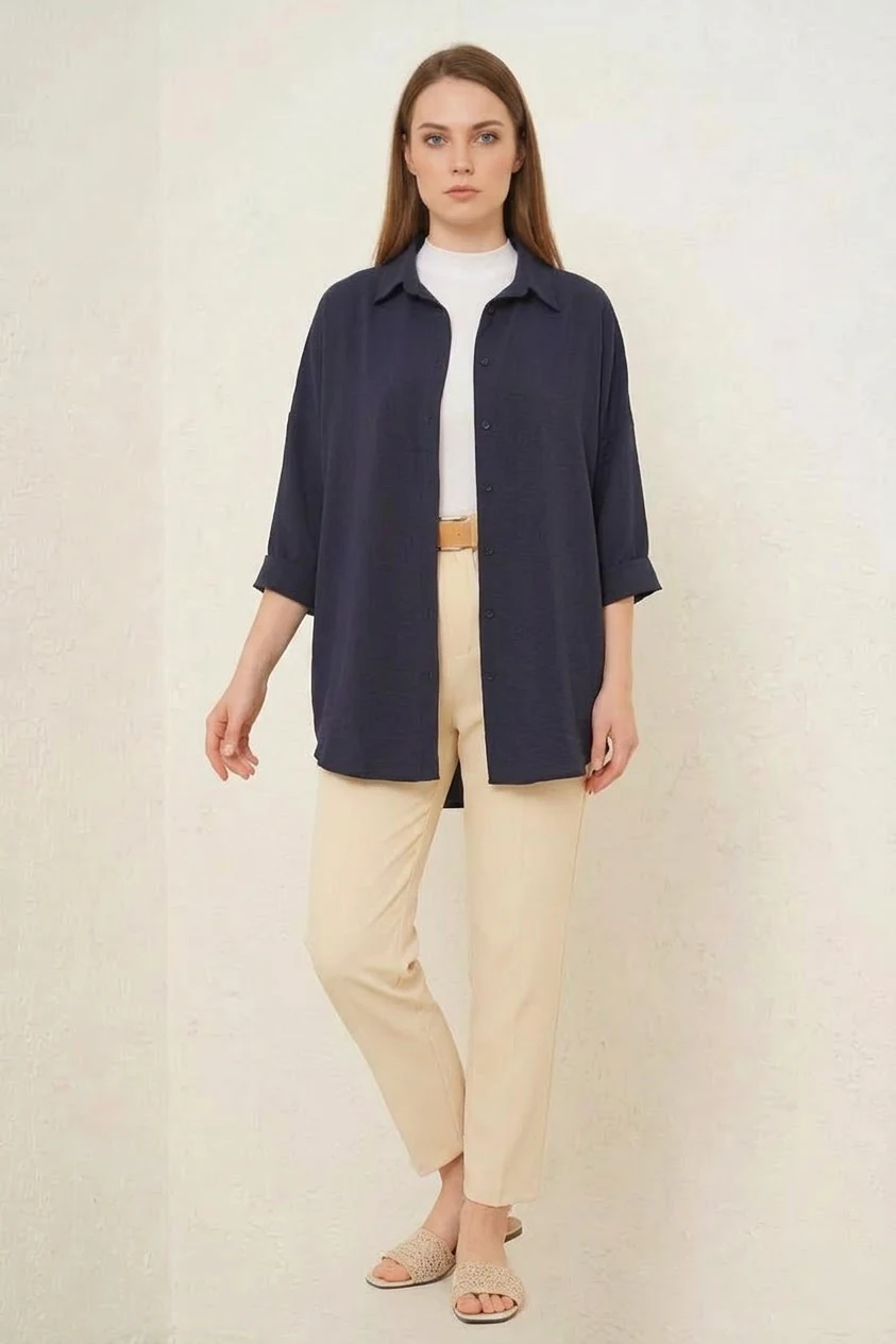 Kadın Oversize Kesim Basic Pamuklu Lacivert Tesettür Gömlek
