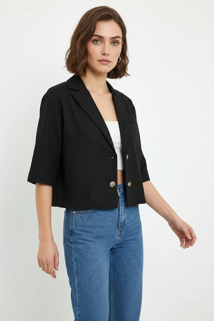 Kadın Klasik Yaka Crop Kısa Kol Oversize Düğmeli Keten Siyah Ceket