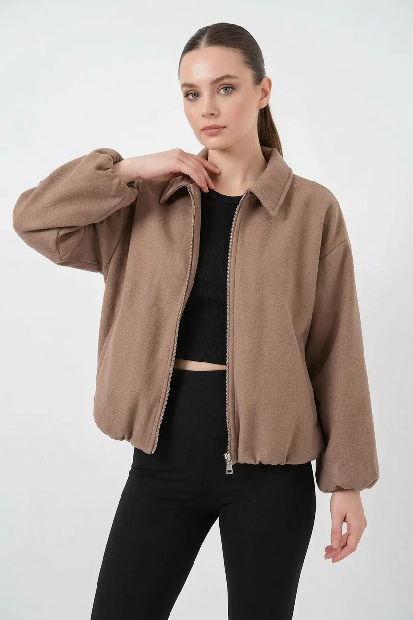 Kadın Gömlek Yaka Büzgülü Oversize Kesim Pamuklu Bisküvi Ceket