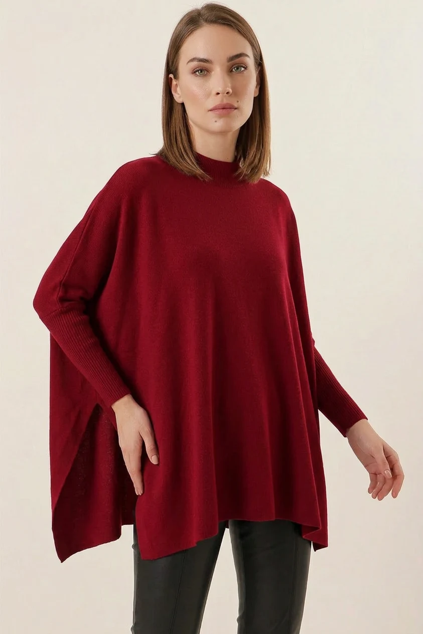 Kadın Balıkçı Yaka Yandan Yırtmaçlı Oversize Triko Bordo Panço Kazak