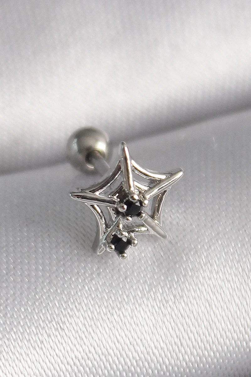 316L Çelik Gümüş Renk Siyah Zirkon Taş Detay Örümcek Ağ Model Tragus Piercing