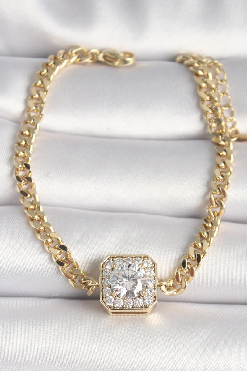 Pirinç Gold Renk Zincir Kare Zirkon Taş Model Xuping VIP Seri Kadın Bileklik