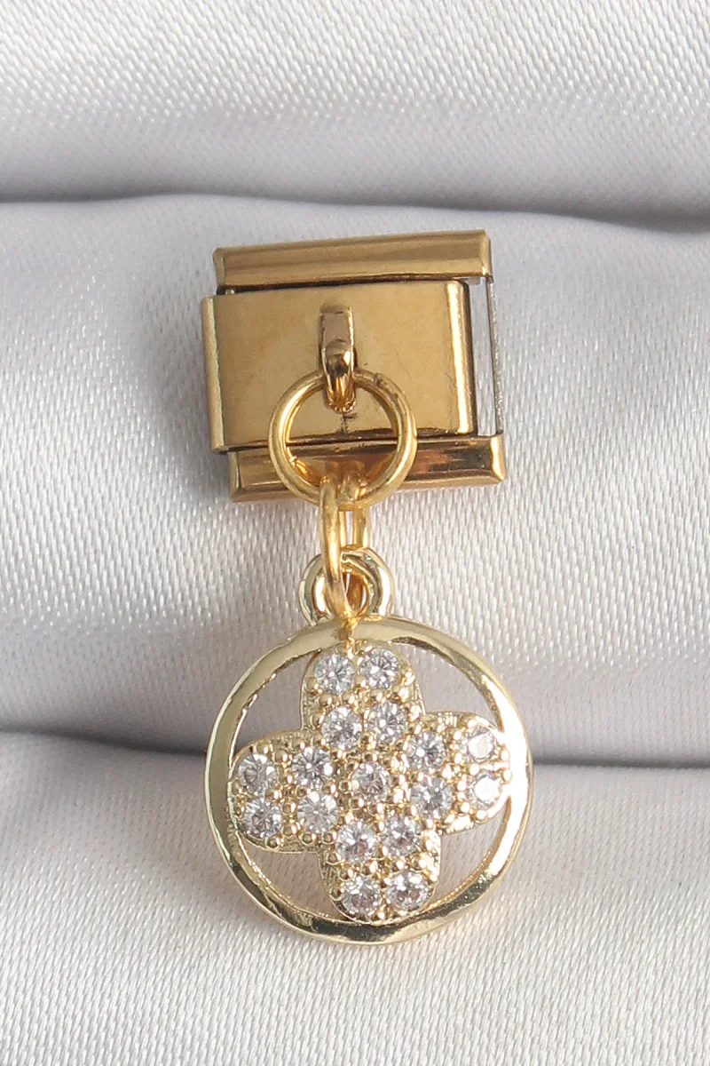 316L Çelik Gold Renk Sallantı Zirkon Taşlı Yonca Model Charm