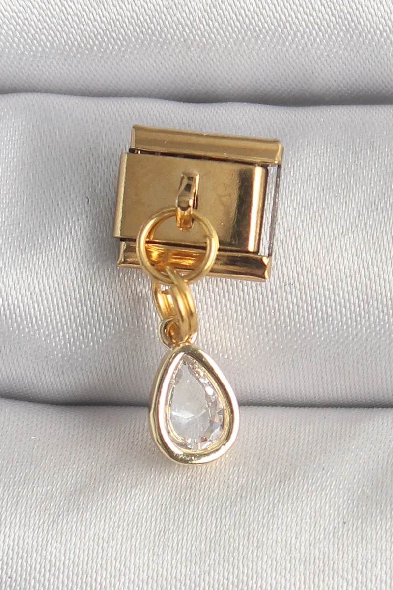 316L Çelik Gold Renk Sallantı Damla Zirkon Taşlı Charm