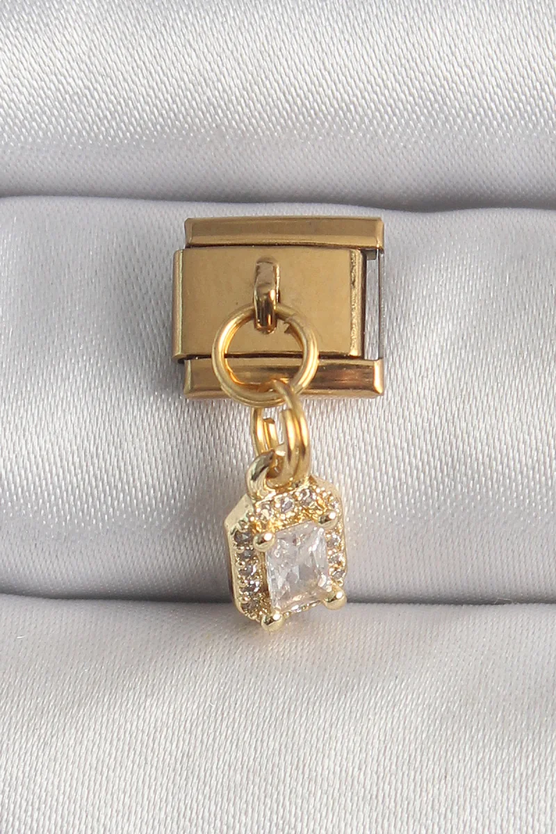 316L Çelik Gold Renk Sallantı Zirkon Taşlı Kare Model Charm