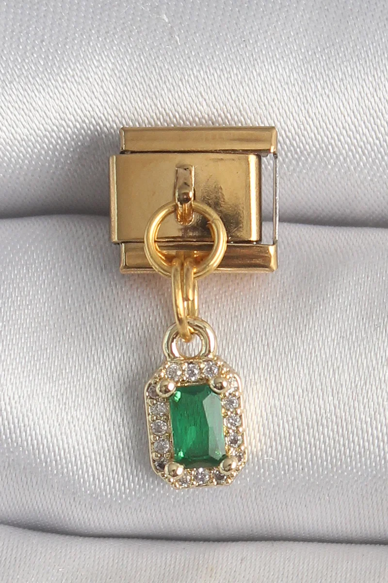 316L Çelik Gold Renk Sallantı Kare Yeşil Zirkon Taşlı Charm