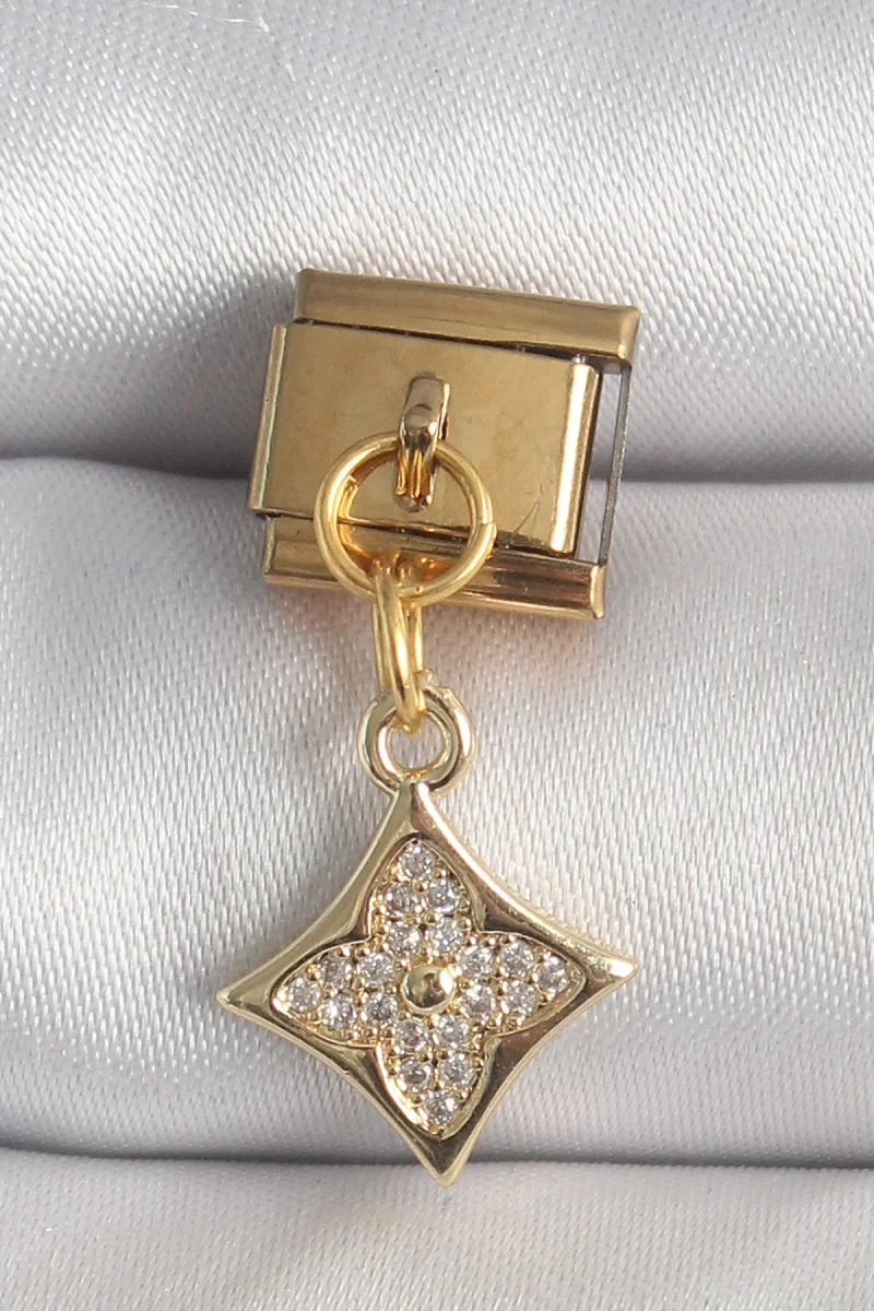 316L Çelik Gold Renk Sallantı Zirkon Taşlı Çiçek İşlemeli Charm