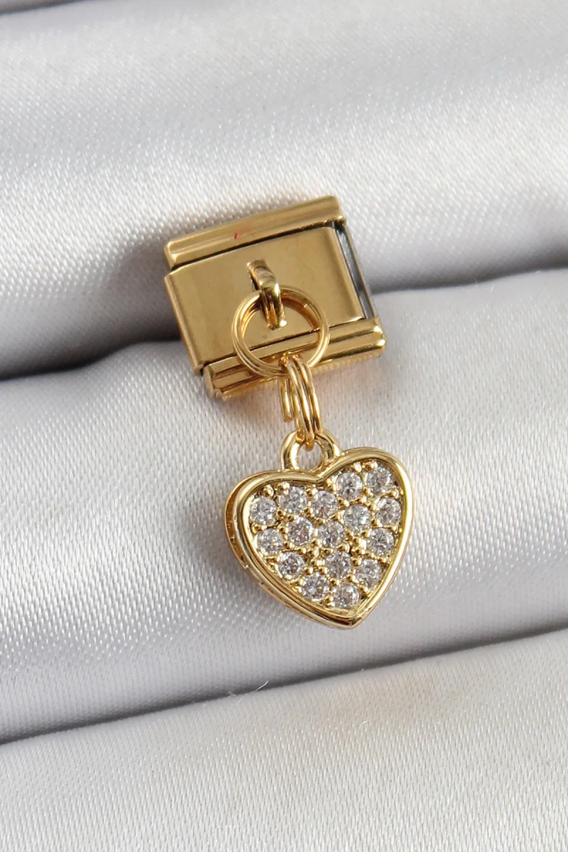 316L Çelik Sallantılı Zirkon Taşlı Kalp Model Gold Renk Charm
