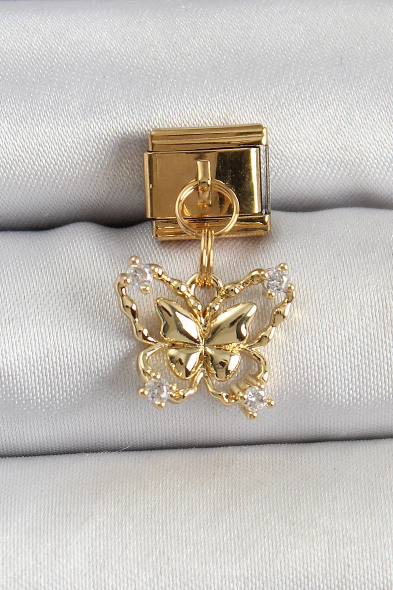 316L Çelik Sallantılı Zirkon Taşlı Kelebek Model Gold Renk Charm