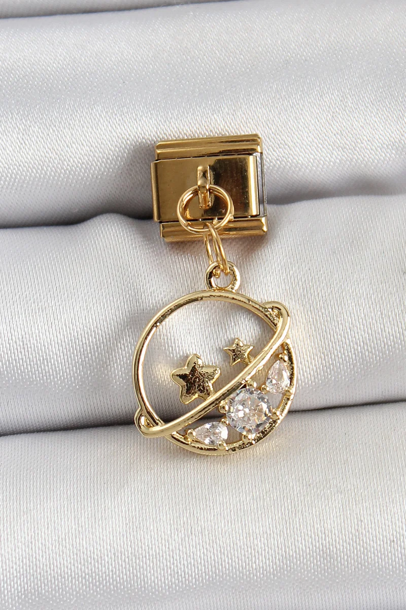 316L Çelik Sallantılı Zirkon Taşlı Satürn Model Gold Renk Charm