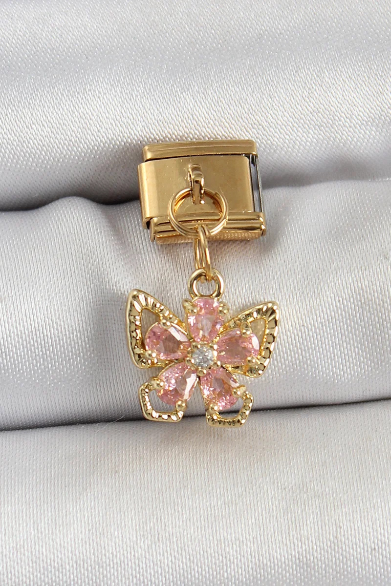 316L Çelik Sallantılı Zirkon Taşlı Çiçek Figürlü Kelebek Model Gold Renk Charm