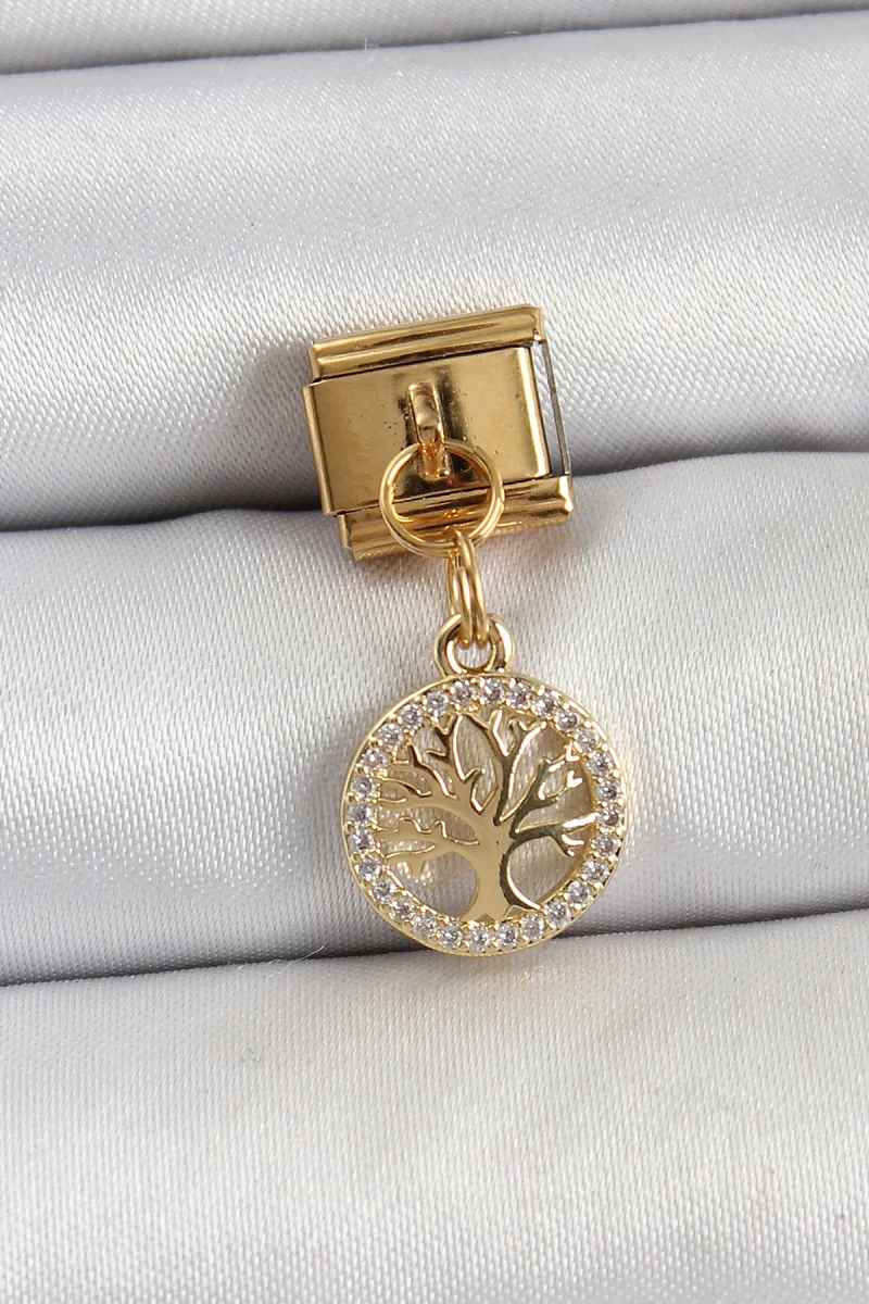 316L Çelik Sallantılı Zirkon Taşlı Hayat Ağacı Model Gold Renk Charm