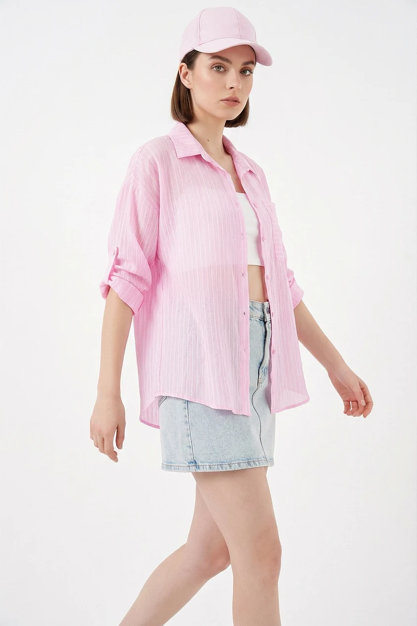 Kadın Oversize Tek Cepli Çizgili Viskon Pembe Gömlek