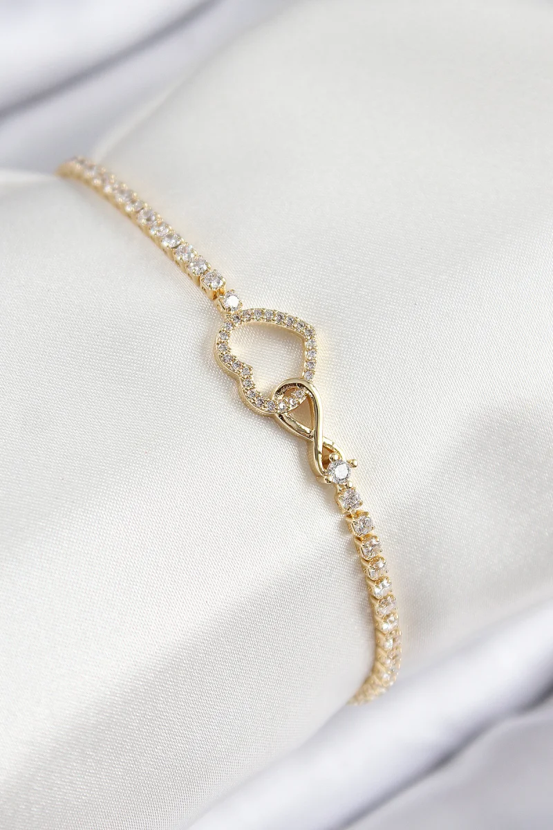 Pirinç Zirkon Taşlı Sonsuzluk Kalp Model Gold Renk Kadın Bileklik