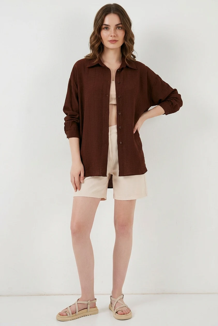 Kadın Oversize Kesim Pamuklu Kahverengi Gömlek