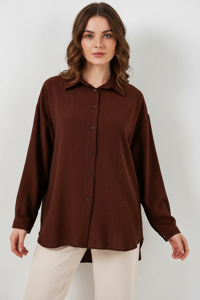 Kadın Oversize Kesim Pamuklu Kahverengi Gömlek