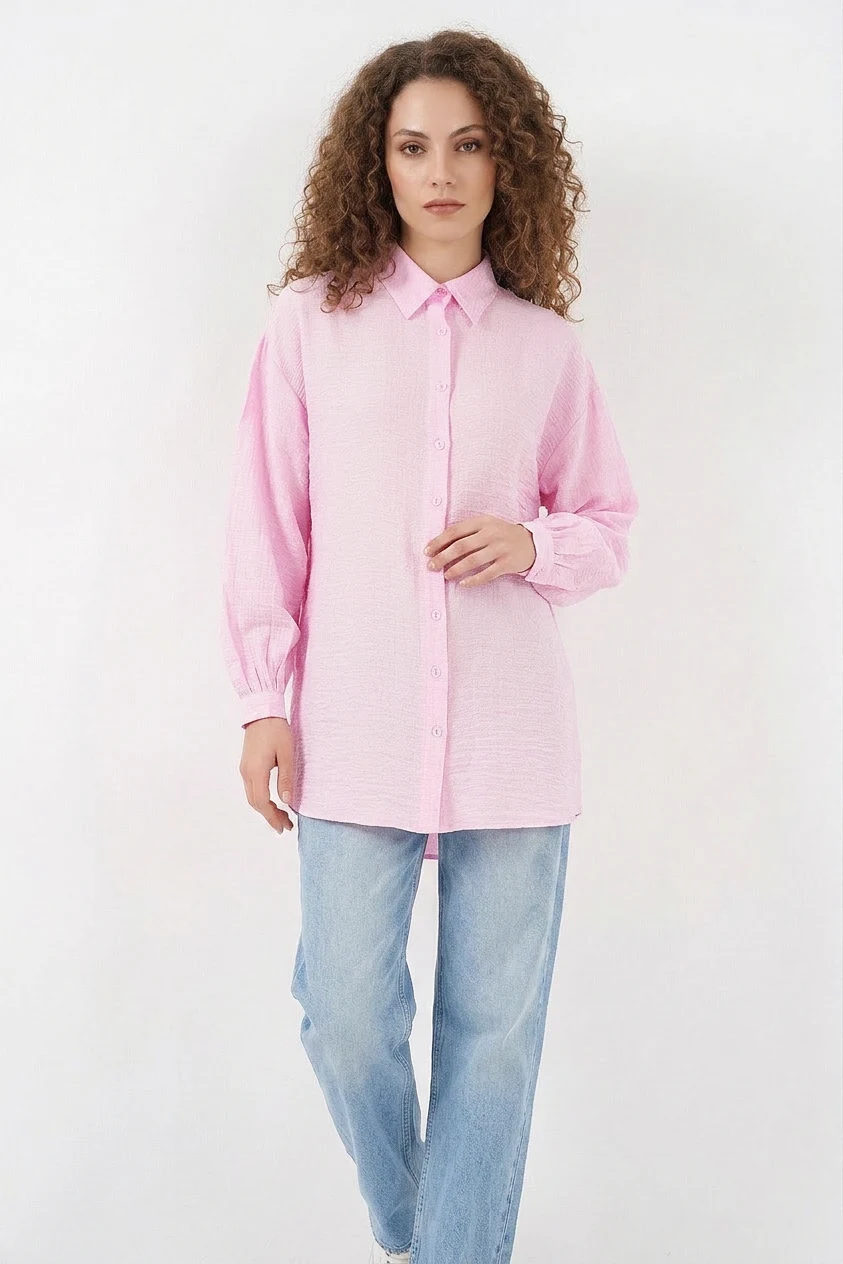 Kadın Gömlek Yaka Dokulu Oversize Viskon Pembe Tunik