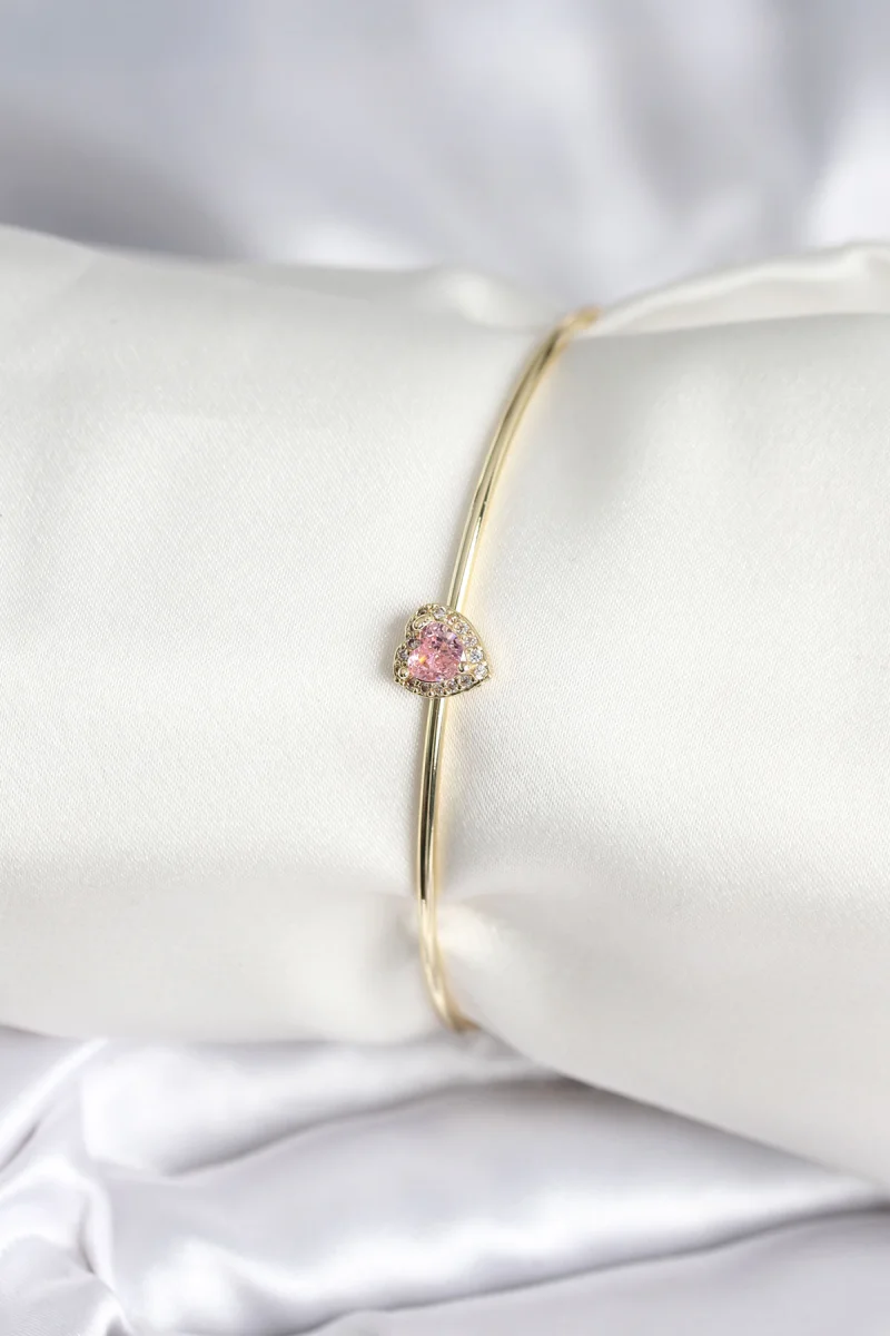 Pembe Zirkon Taşlı Kalp Model Gold Renk Kadın Bileklik