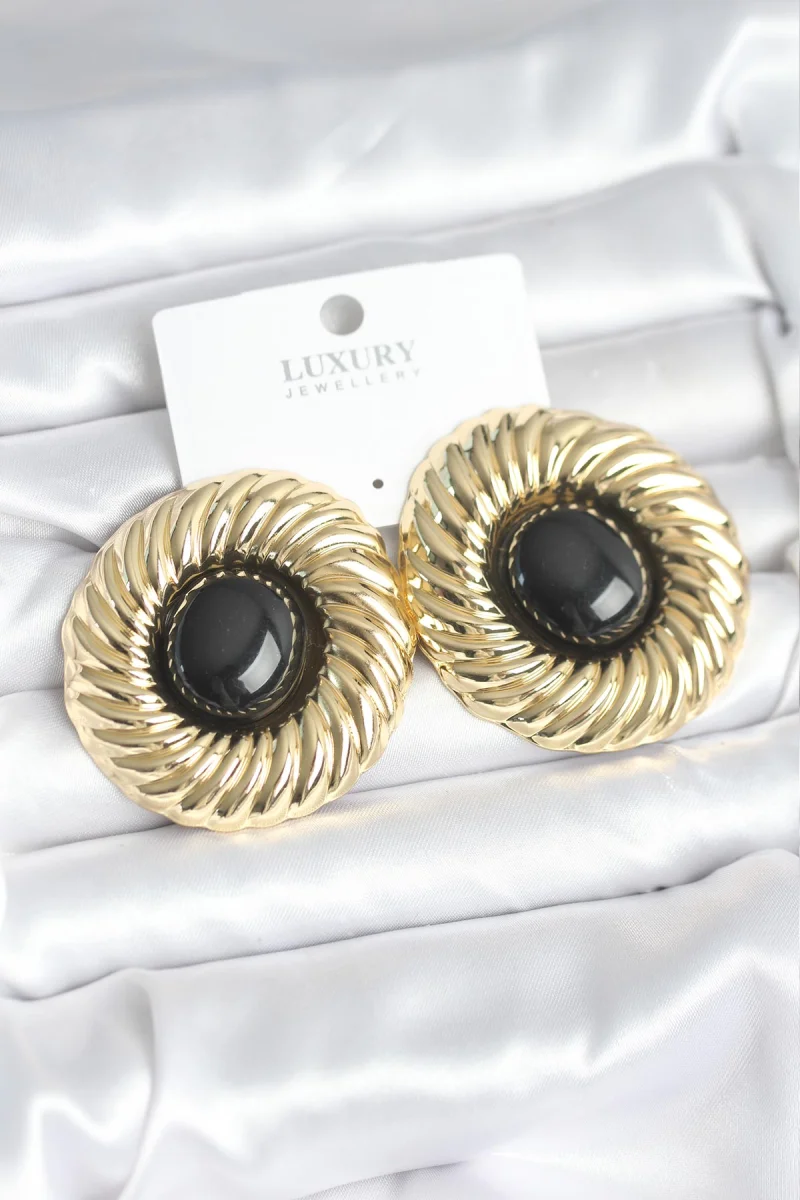 Pirinç Gold Renk Siyah Boncuklu Vintage Kadın Küpe