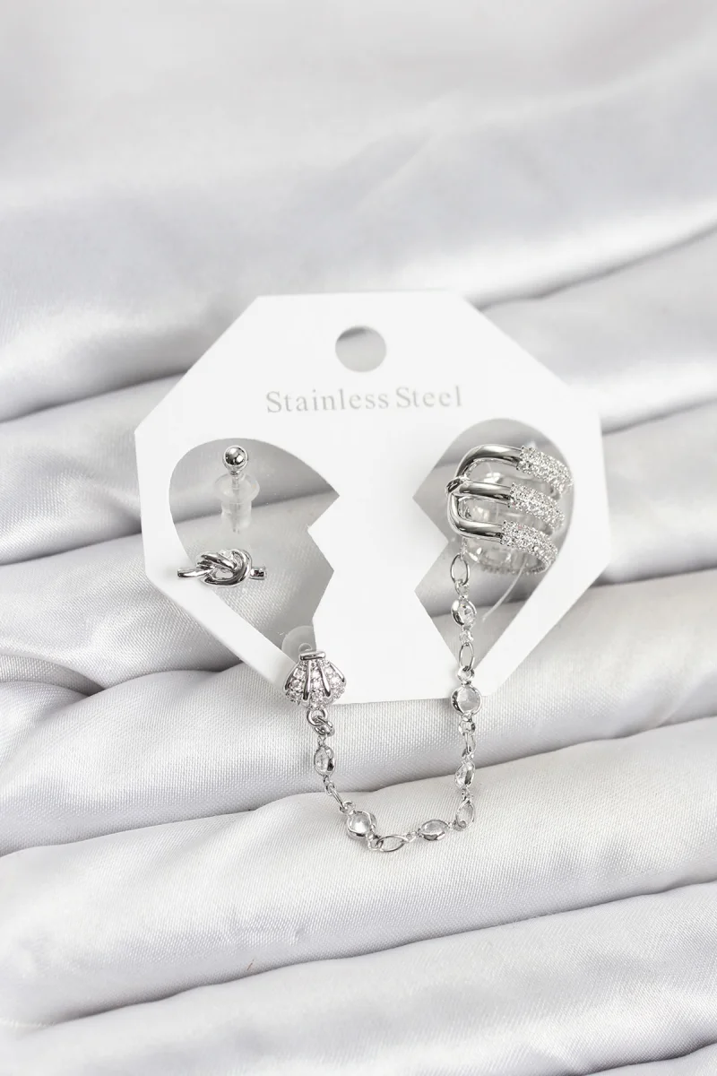 Pirinç Gümüş Renk Sarmal Model Zincir Bağlantılı Ear Cuff Küpe Seti