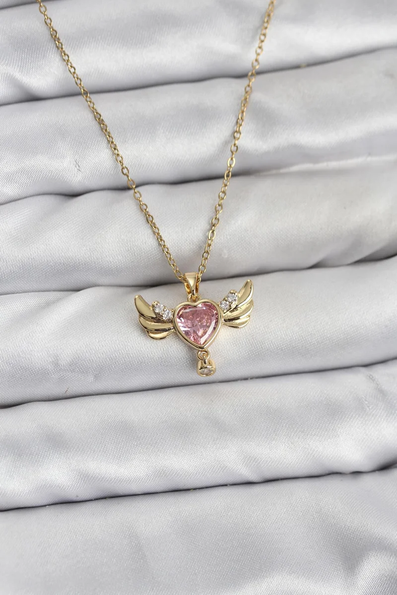 316L Çelik Zincir Gold Renk Kanatlı Kalp Model Zirkon Taşlı Kadın Kolye