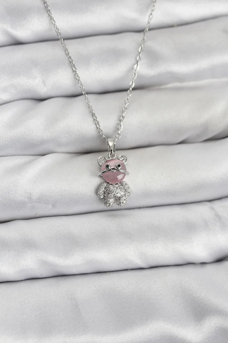 316L Çelik Zincir Gümüş Renk Teddy Bear Model Zirkon Taşlı Kadın Kolye