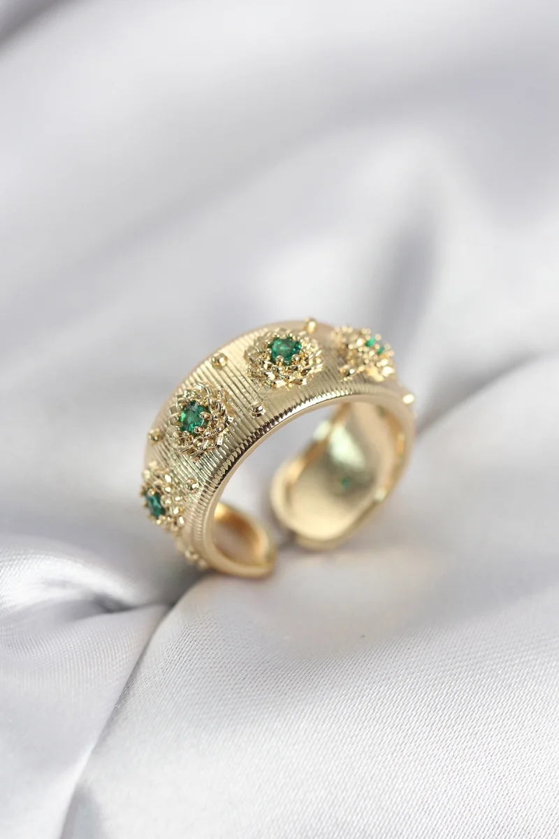 Yeşil Zirkon Taşlı Gold Renk Vintage Kadın Yüzük
