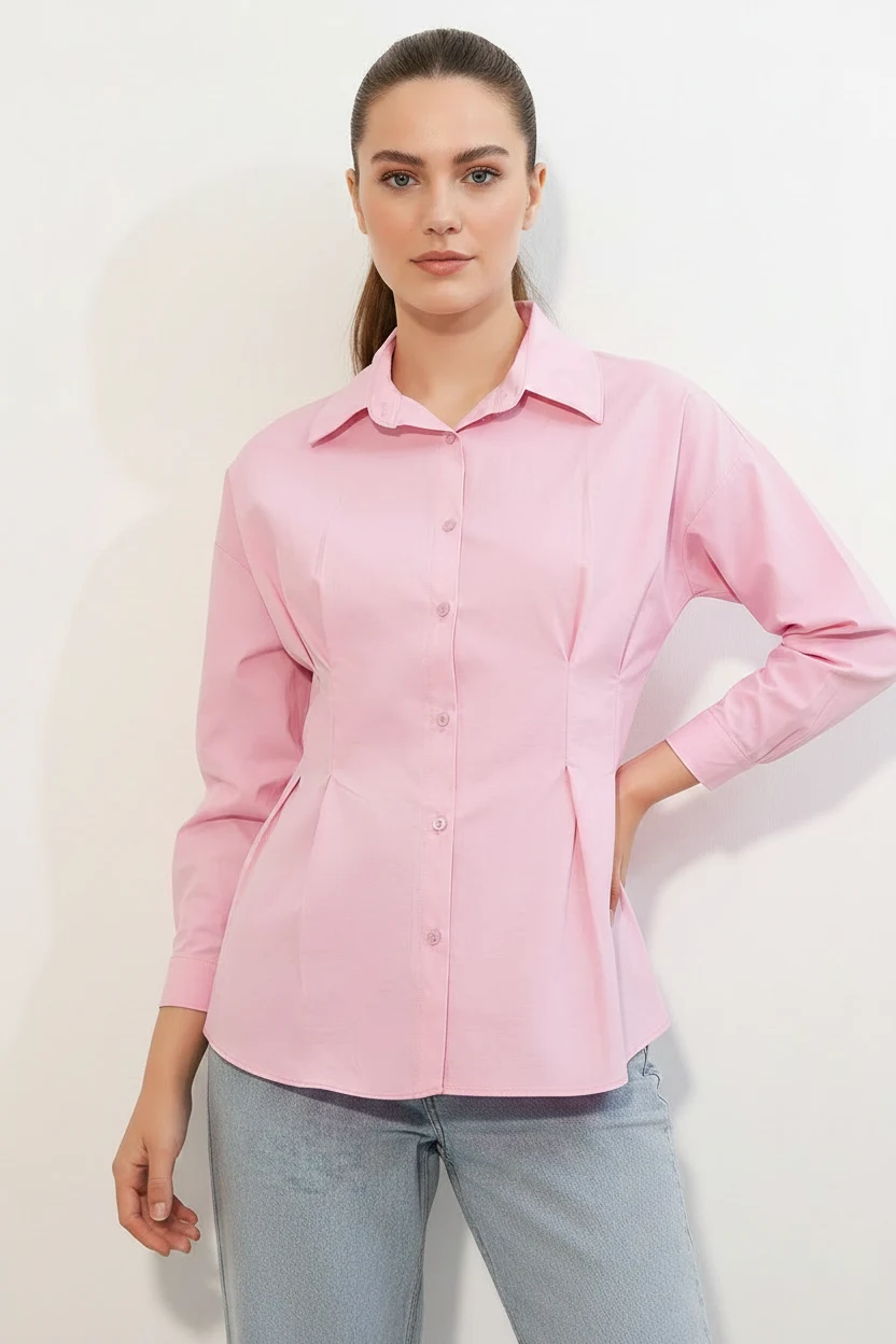 Kadın Belden Oturtmalı Pembe Gömlek