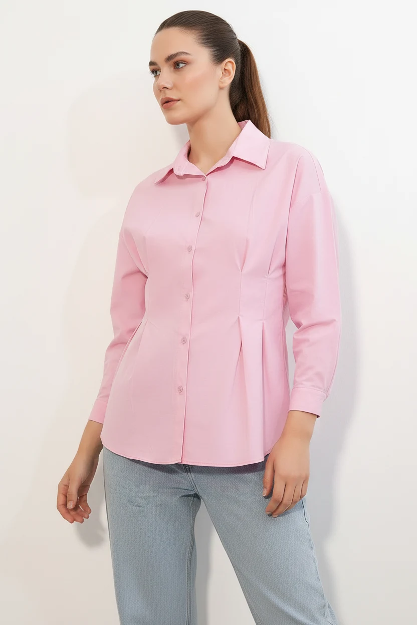 Kadın Belden Oturtmalı Pembe Gömlek