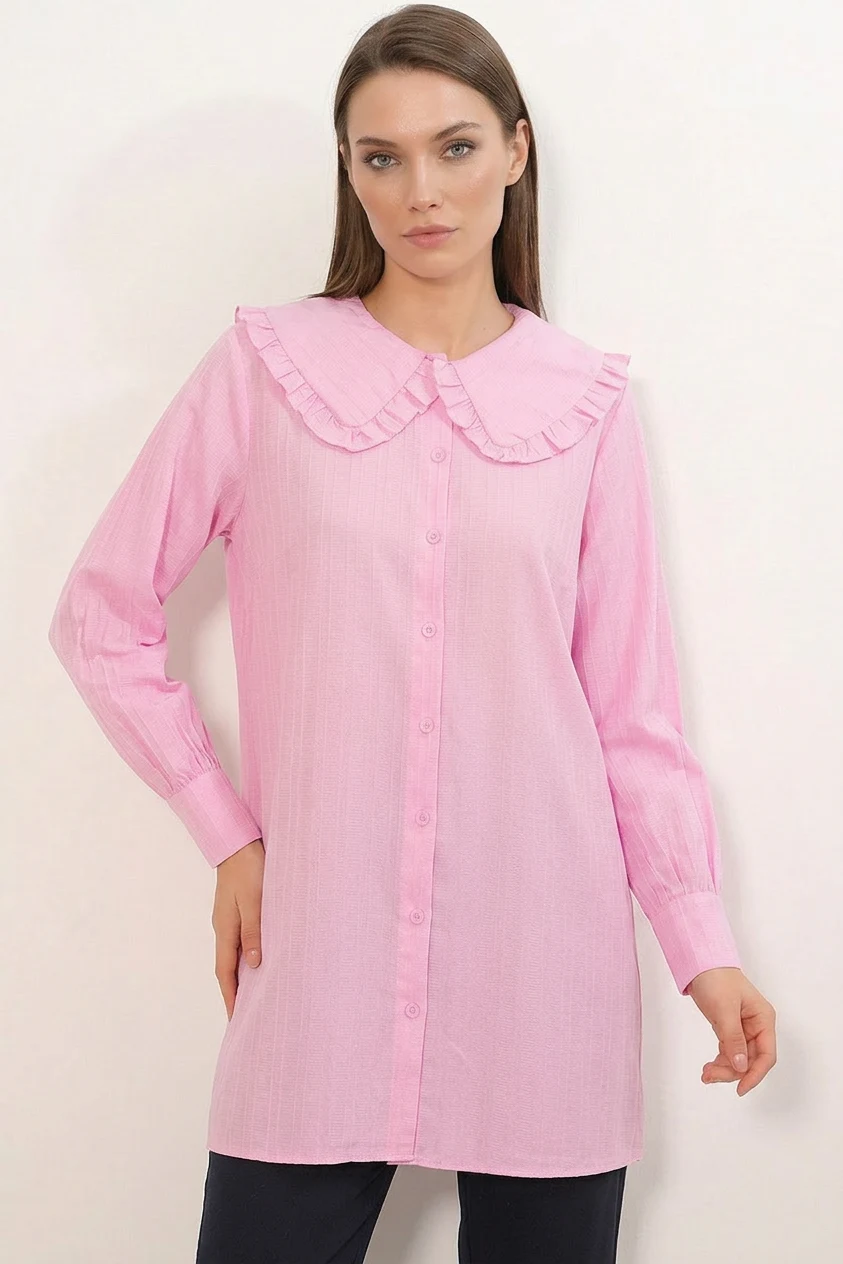 Kadın Geniş Yaka Fırfır Detaylı Çizgili Pembe Tunik Gömlek