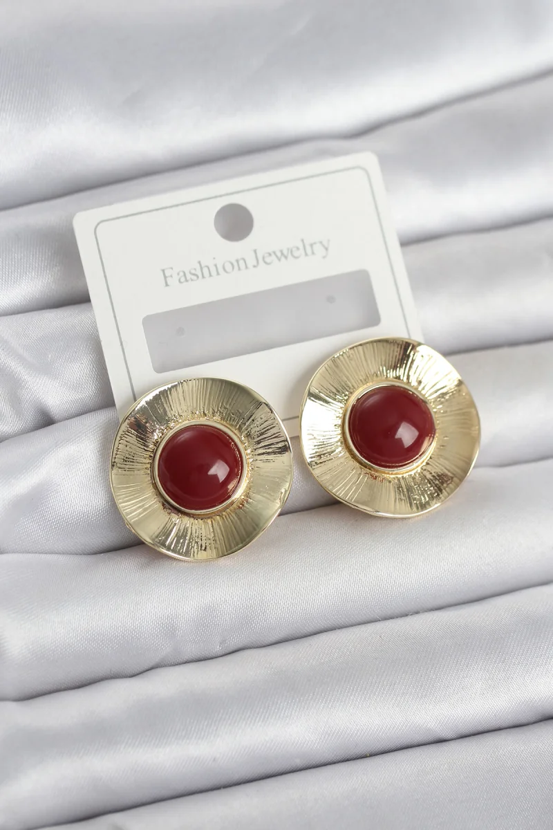 Vintage Model Bordo Gold Renk Pirinç Kadın Küpe