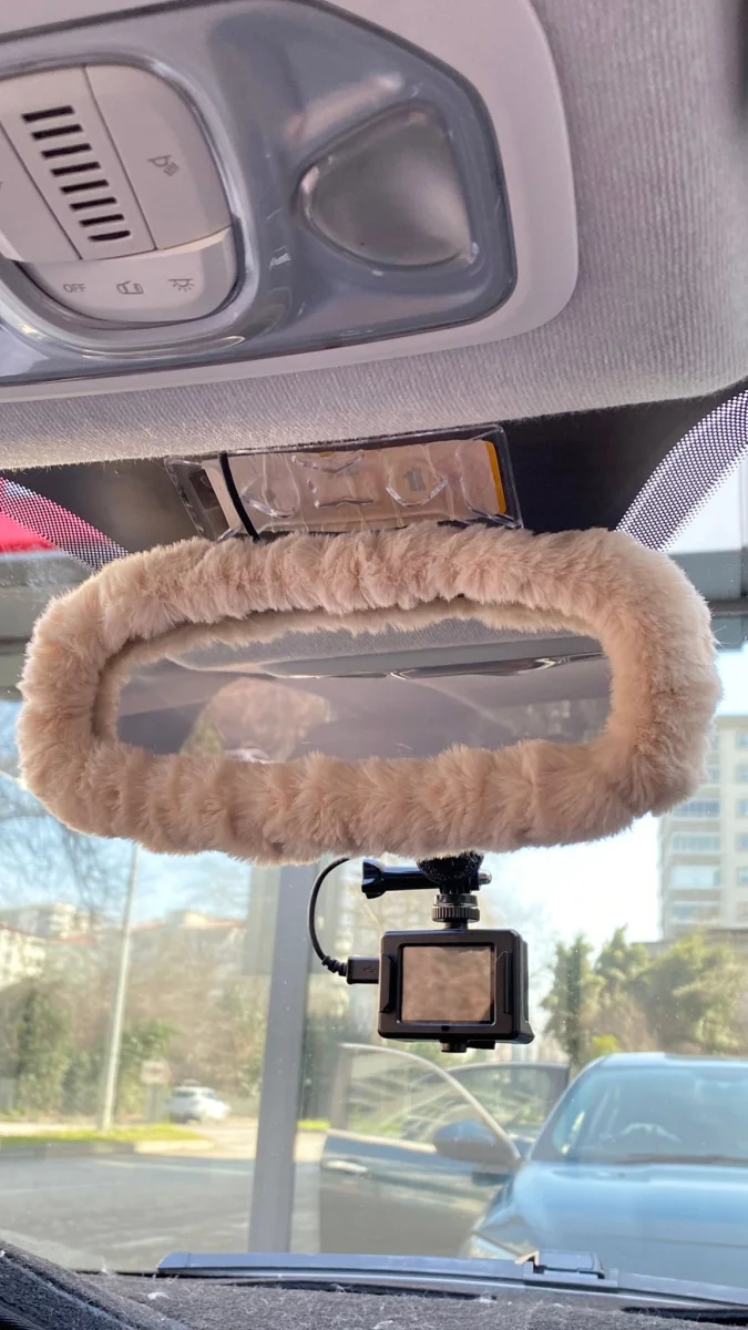 Peluş Dikiz Ayna Kılıfı Süs Bej