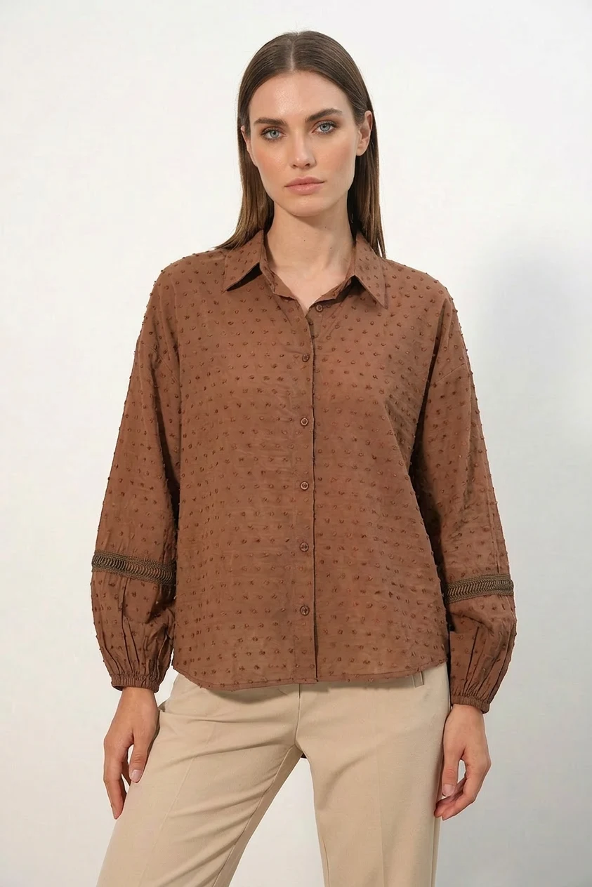 Kadın Oversize Fisto Desenli Taba Gömlek