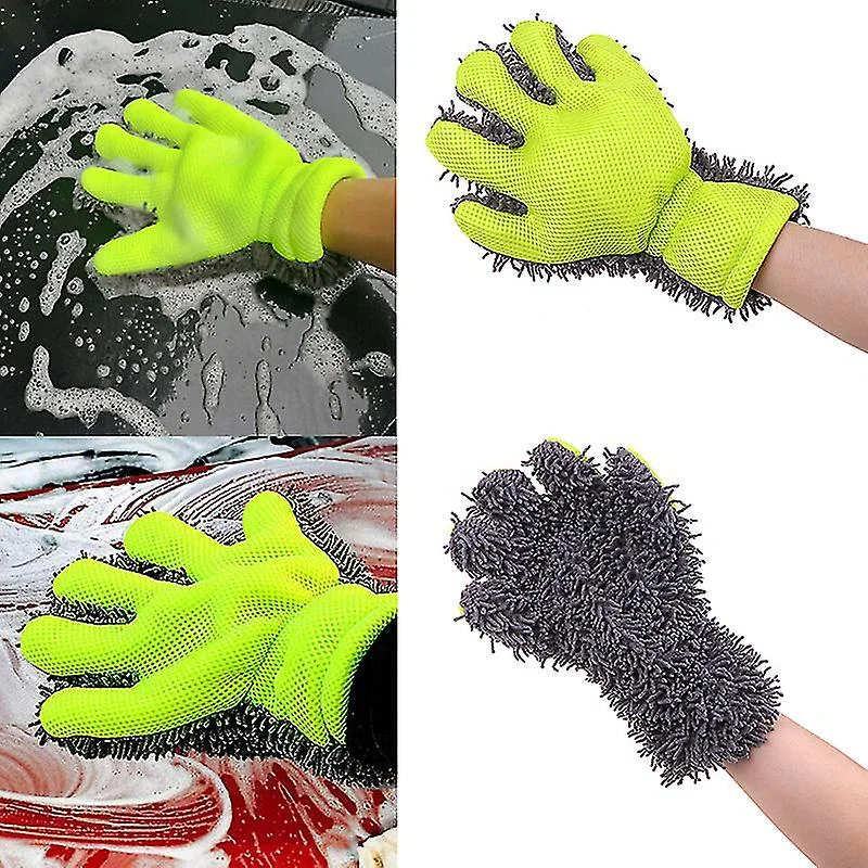 Çift Taraflı Mikrofiber Şönil Tüylü 5 Parmaklı Araba Oto Yıkama Temizlik Eldiveni Yeşil Gri