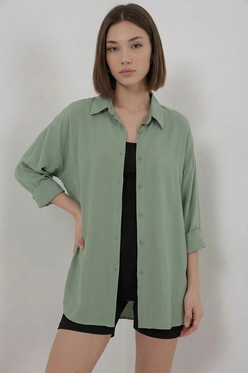 Kadın Oversize Kesim Viskon Çağla Yeşili Gömlek