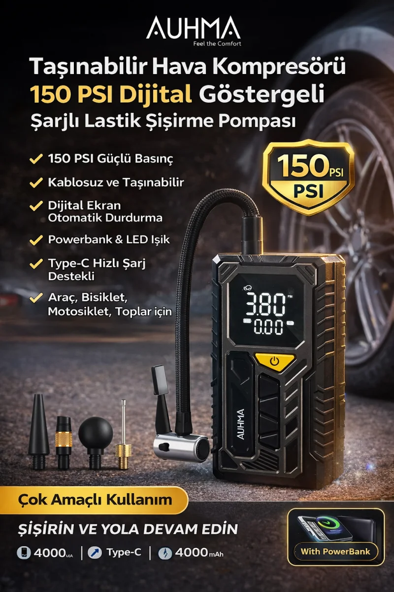 AUHMA A7777 Taşınabilir Hava Kompresörü 150 PSI Dijital Göstergeli Şarjlı Lastik Şişirme Pompası