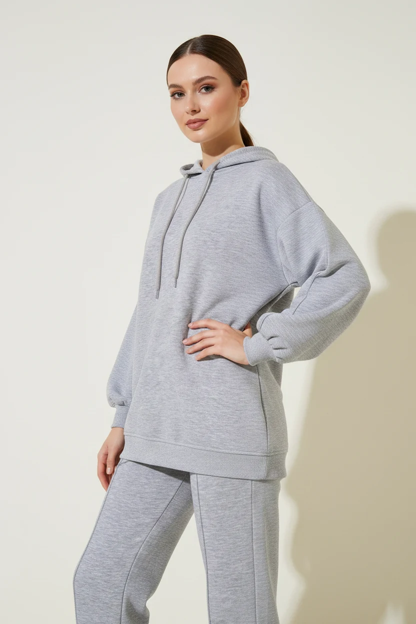 Kadın Kapüşonlu Beli Lastikli Oversize Gri Eşofman Takımı