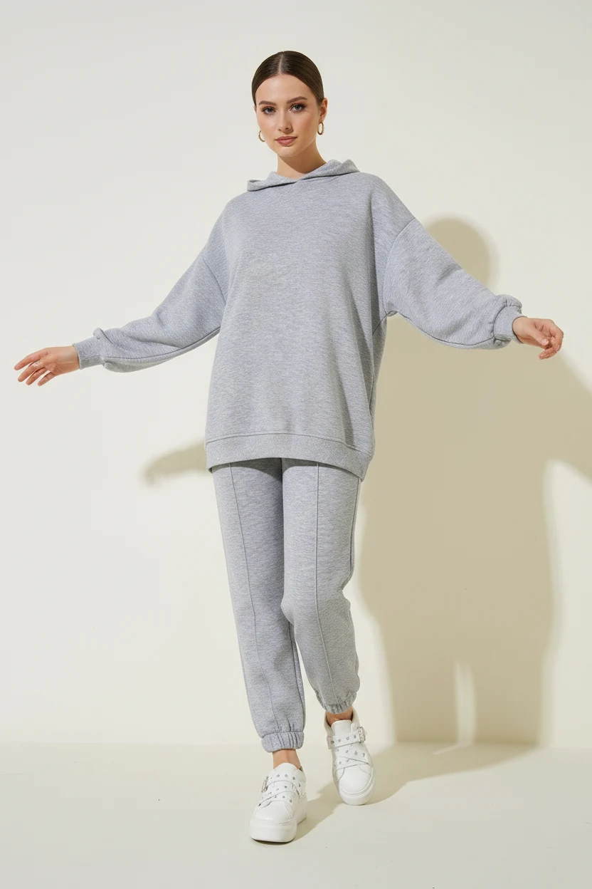 Kadın Kapüşonlu Beli Lastikli Oversize Gri Eşofman Takımı
