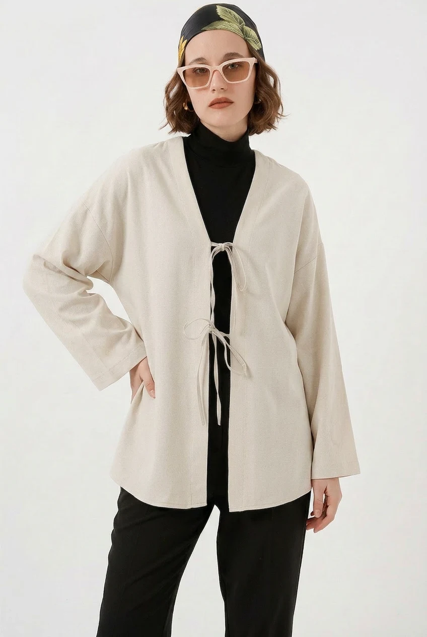 Kadın V Yaka Kuşaklı Keten Ekru Tesettür Kimono