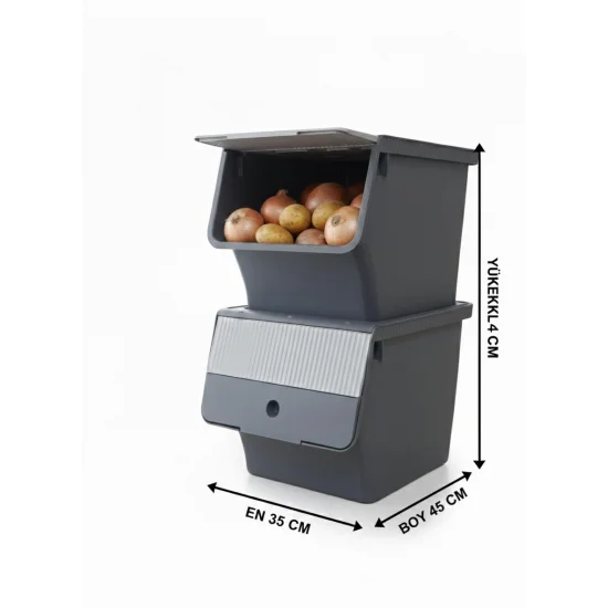 Füme 2'Li 33 LT Modubox Kayar Kapaklı Saklama Kabı & Patates Soğan Kovası & Erzak Kutusu