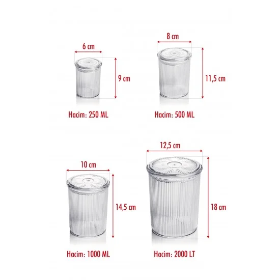 24'lü Barok Yuvarlak 4 Boy Kavanoz Seti & Saklama Kabı & Erzak Kabı (6*2000 ML, 6*1000 ML, 6*500 ML, 6*250 ML)