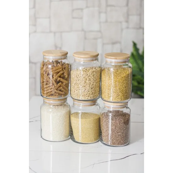 6 Lı Set Bambu Kapaklı Cam Kavanoz & Erzak Saklama Kabı 800 ml Orta Boy ( Vakum Kapak )