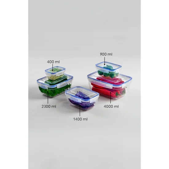 Dikdörtgen 10 Parça Contalı Vakumlu Sızdırmaz Hava Almaz Saklama Kabı Seti 2x(4000/2300/1400/900/400 Ml)
